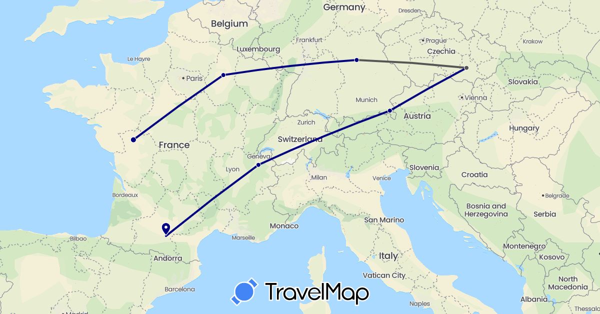TravelMap itinerary: driving, motorbike in Czech Republic, Germany, France (Europe)